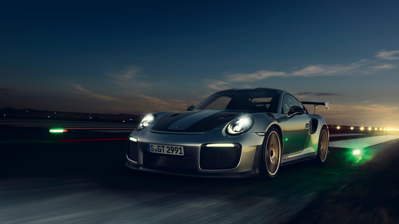 Porsche 911 Noire Sur Route Pendant la Nuit. Wallpaper in 1366x768 Resolution