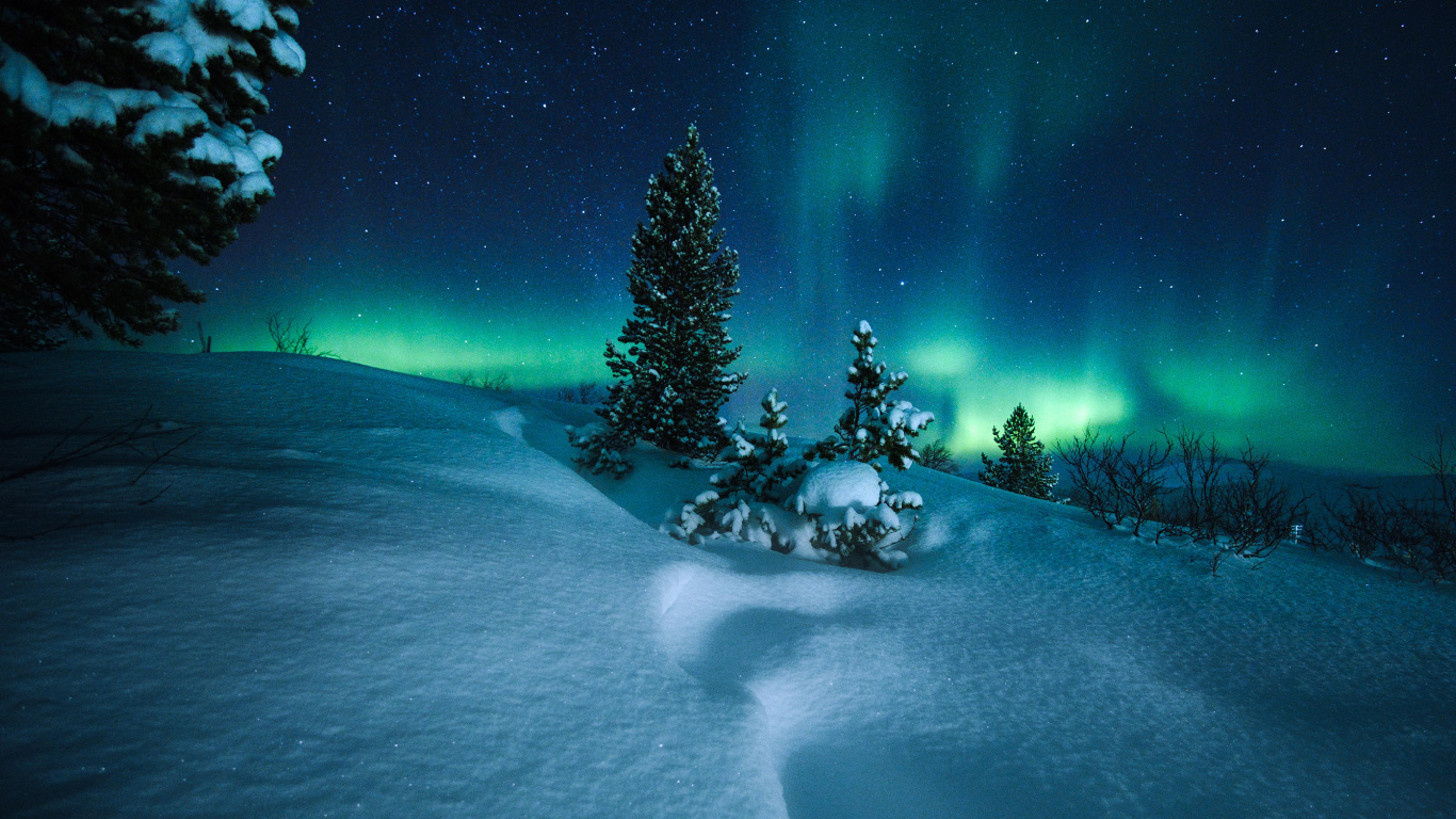 Arctic Circle, Aurora, Snow, Nature, Winter. Wallpaper in 1366x768 Resolution