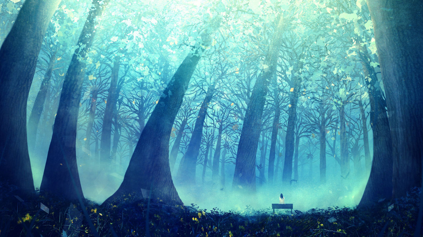Anime, Forest, Nature, Green, Tree. Wallpaper in 1366x768 Resolution