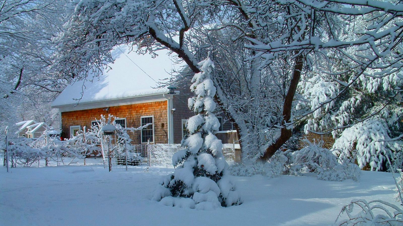 Casa de Madera Marrón Cubierta de Nieve Durante el Día. Wallpaper in 1366x768 Resolution