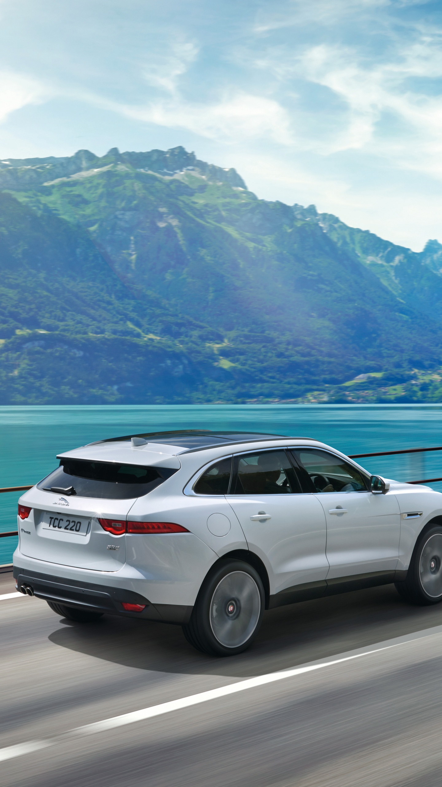 Suv Blanc Sur Route Près D'un Plan D'eau Pendant la Journée. Wallpaper in 1440x2560 Resolution