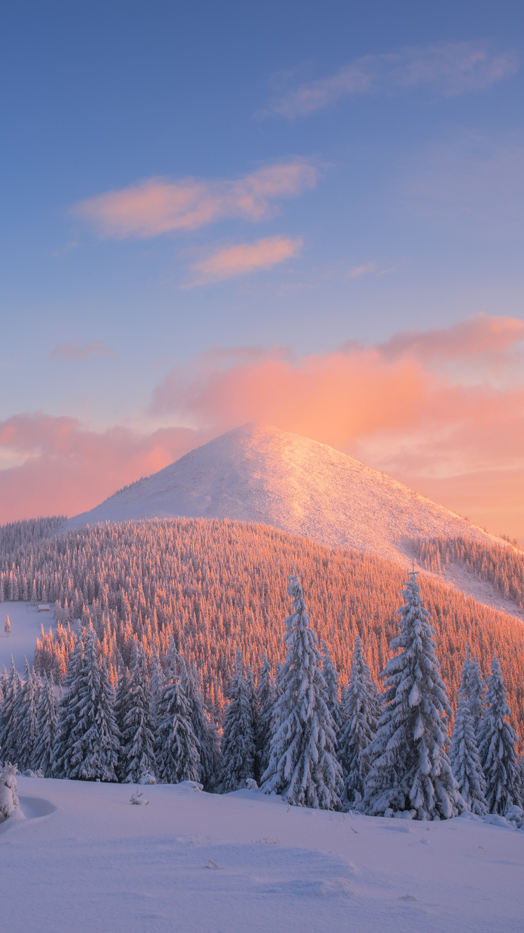 冬天, 冻结, 安装的风景, 山脉, 天空 壁纸 750x1334 允许