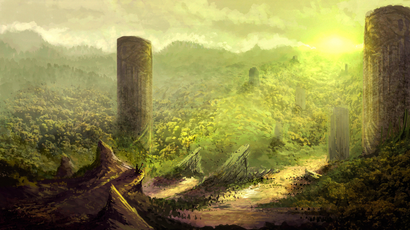 Green Grass and Brown Tree Trunk. Wallpaper in 1366x768 Resolution