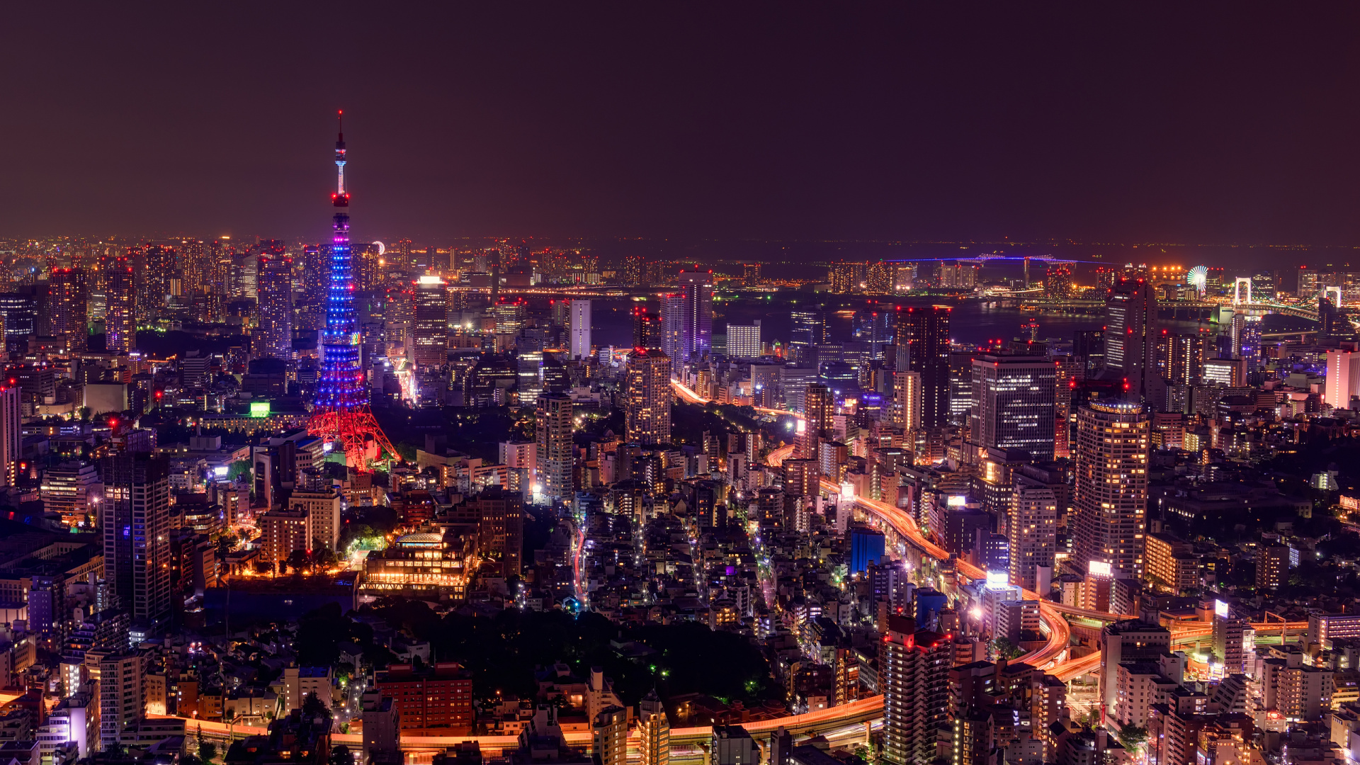 Stadt Mit Hochhäusern Während Der Nacht. Wallpaper in 1920x1080 Resolution