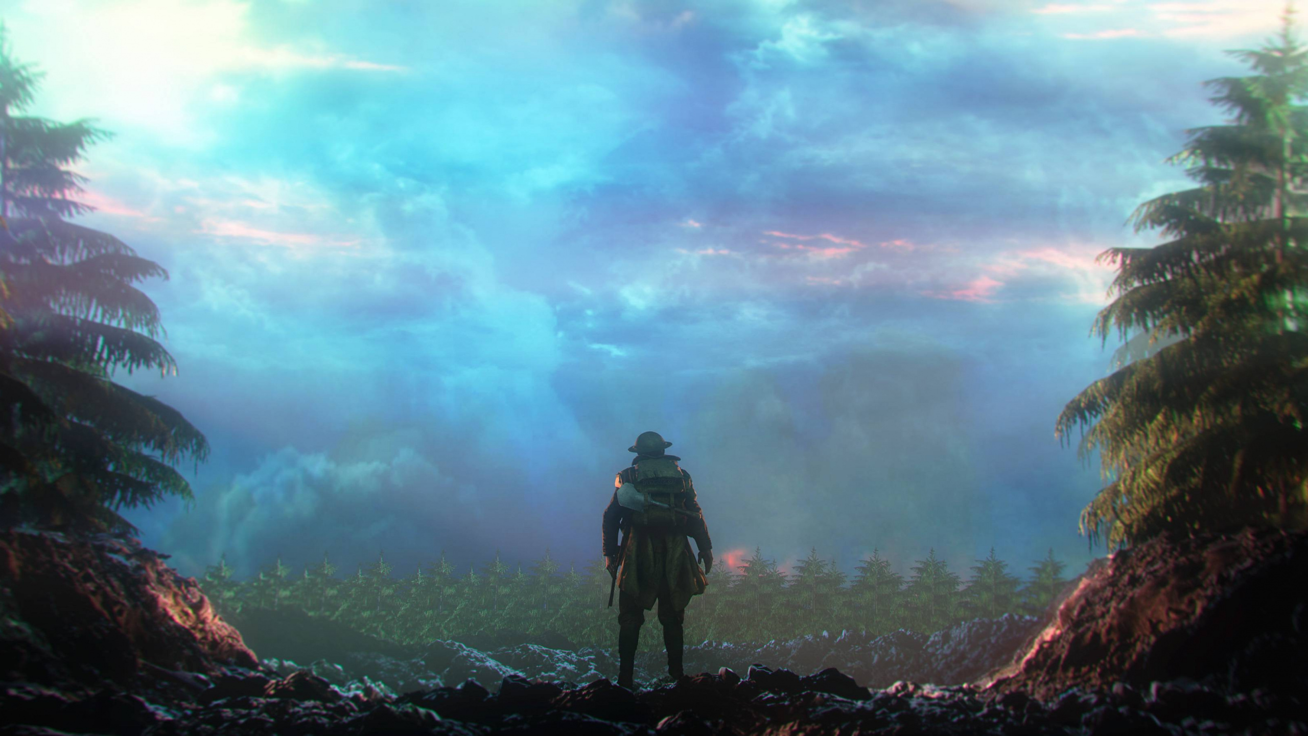 Man in Black Jacket Standing on Rocky Ground Under Cloudy Sky During Daytime. Wallpaper in 2560x1440 Resolution