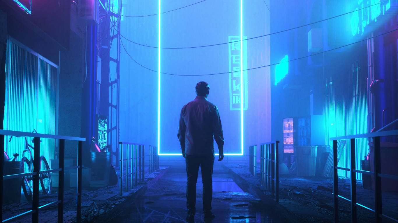Man in Gray Jacket Standing on Hallway. Wallpaper in 1366x768 Resolution