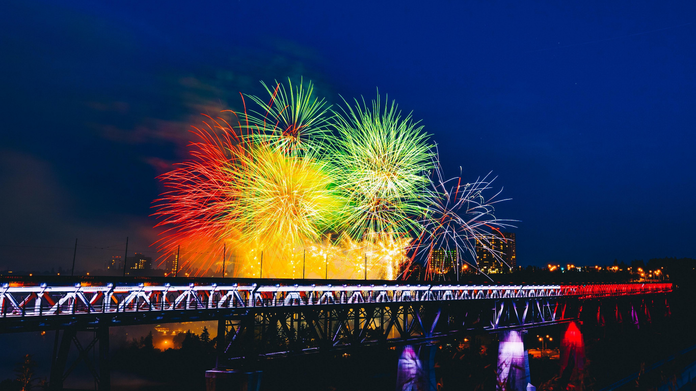 Fireworks, Night, Festival, Nature, Cityscape. Wallpaper in 1366x768 Resolution