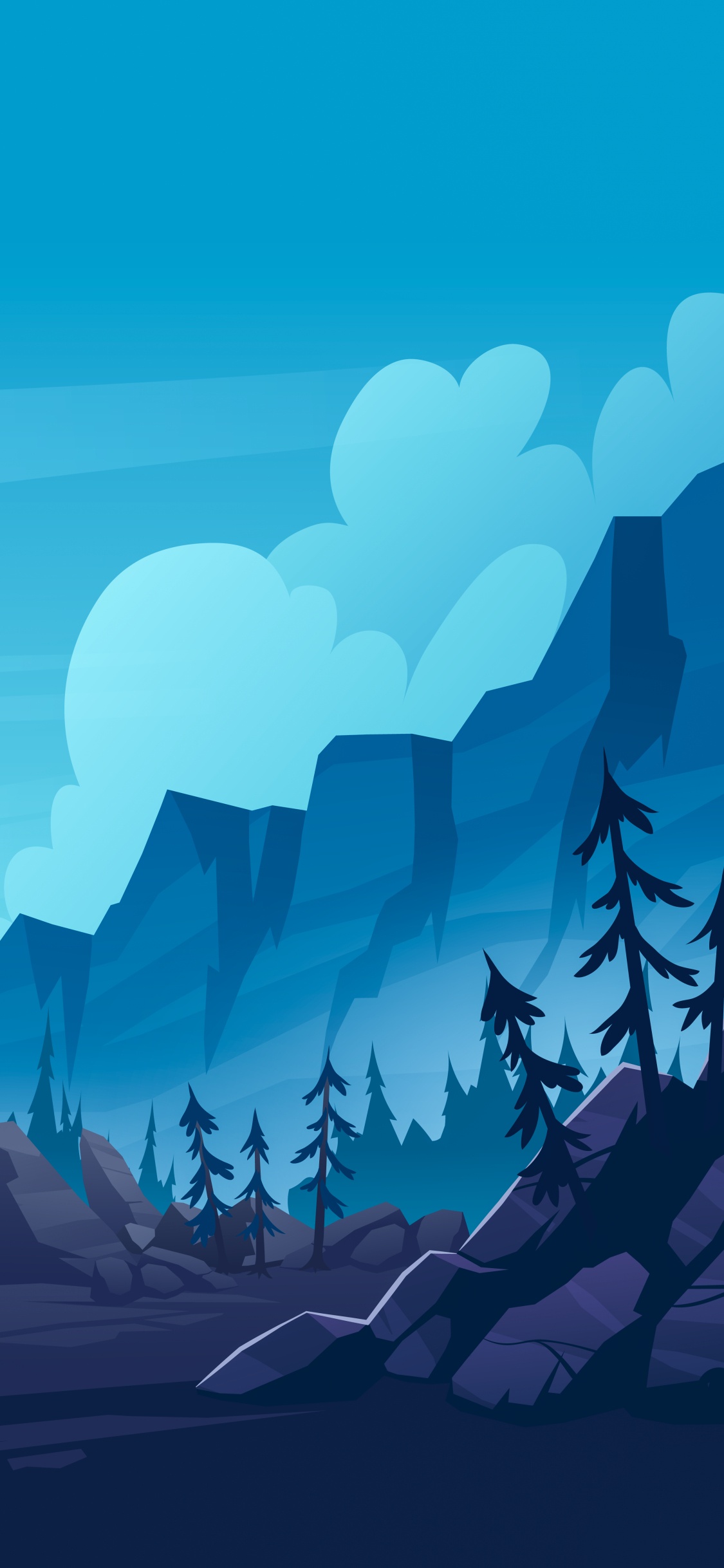 Berganimation, Vektor-Grafiken, Illustration, Natur, Gebirgsfluss. Wallpaper in 1125x2436 Resolution