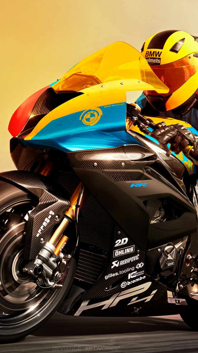 Homme en Costume de Moto Bleu et Orange à Cheval Sur un Vélo de Sport Orange et Noir. Wallpaper in 750x1334 Resolution