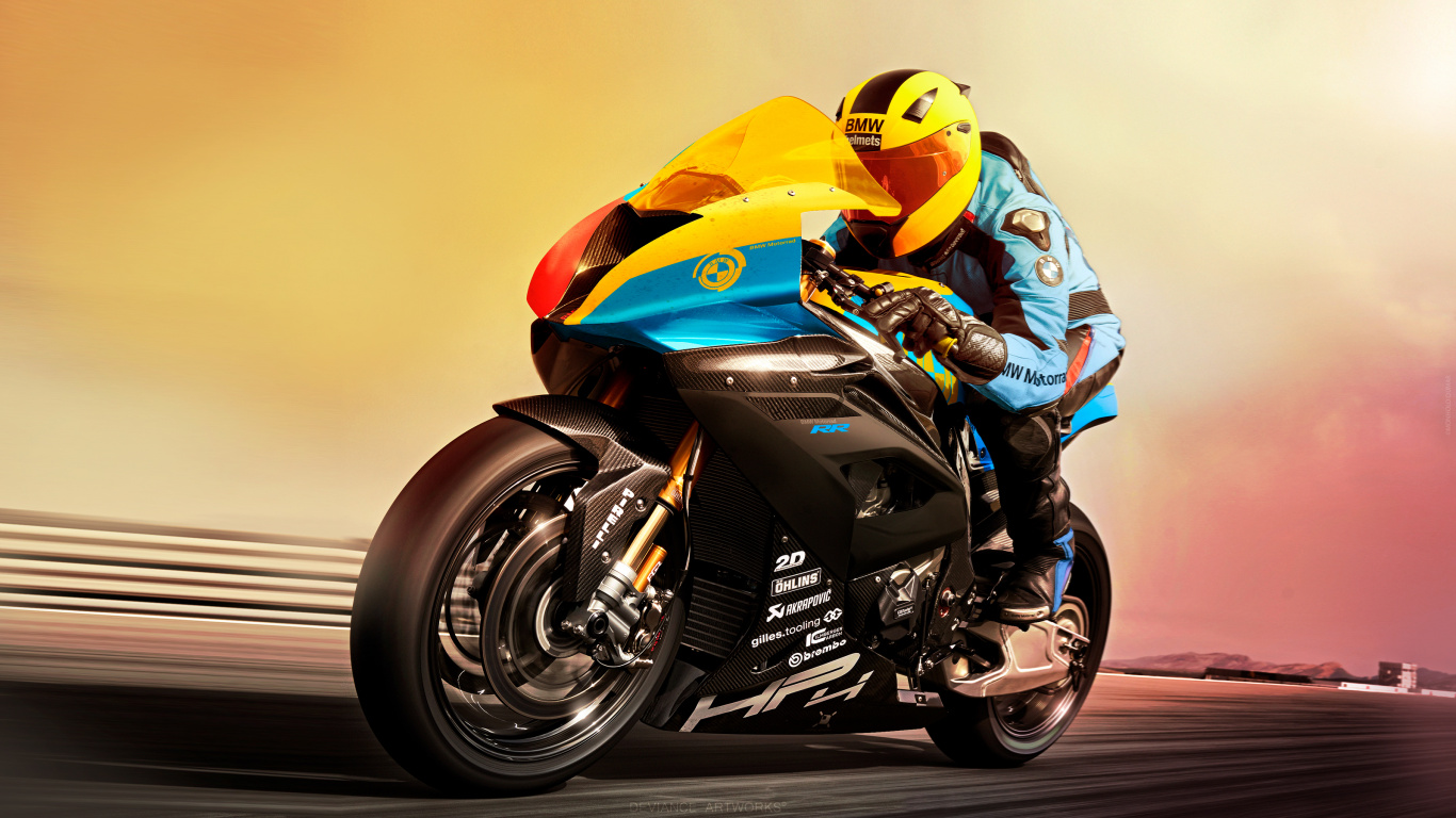 Mann im Blauen Und Orangefarbenen Motorradanzug, Der Auf Einem Orangefarbenen Und Schwarzen Sportrad Fährt. Wallpaper in 1366x768 Resolution