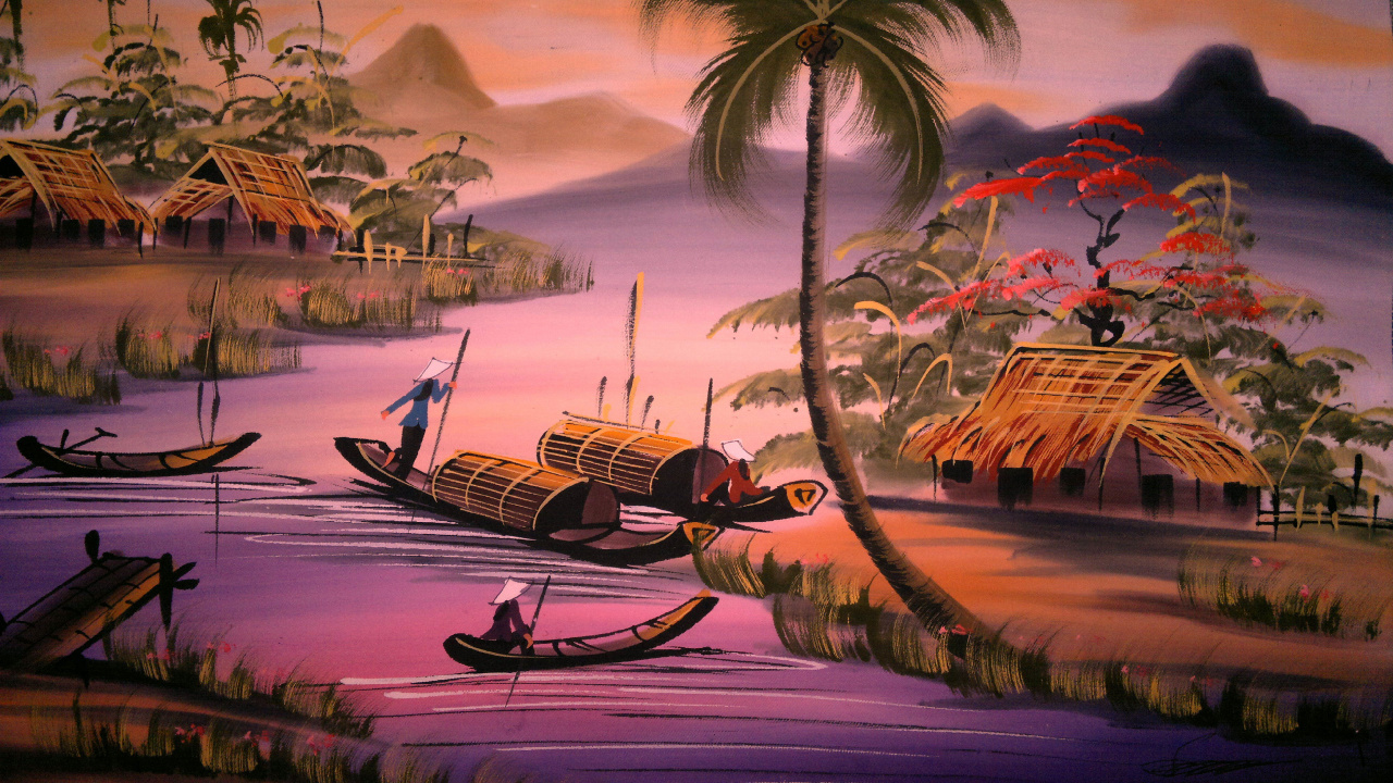 Brown Wooden Boat on Body of Water Near Palm Tree Painting. Wallpaper in 1280x720 Resolution