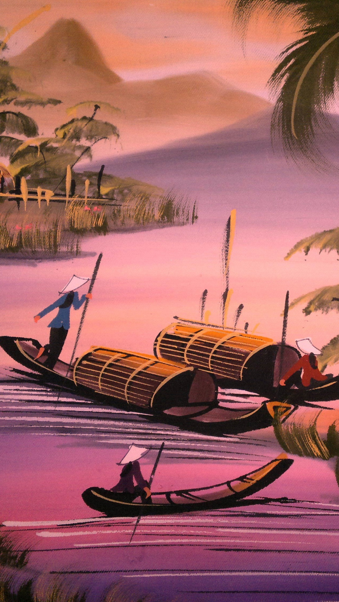 Bateau en Bois Brun Sur le Plan D'eau Près de la Peinture de Palmier. Wallpaper in 1080x1920 Resolution