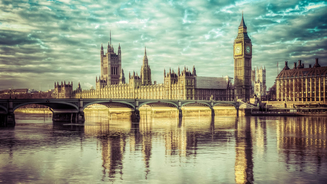 国会大厦, 威斯敏斯特宫, 大笨钟, 反射, 里程碑 壁纸 1366x768 允许