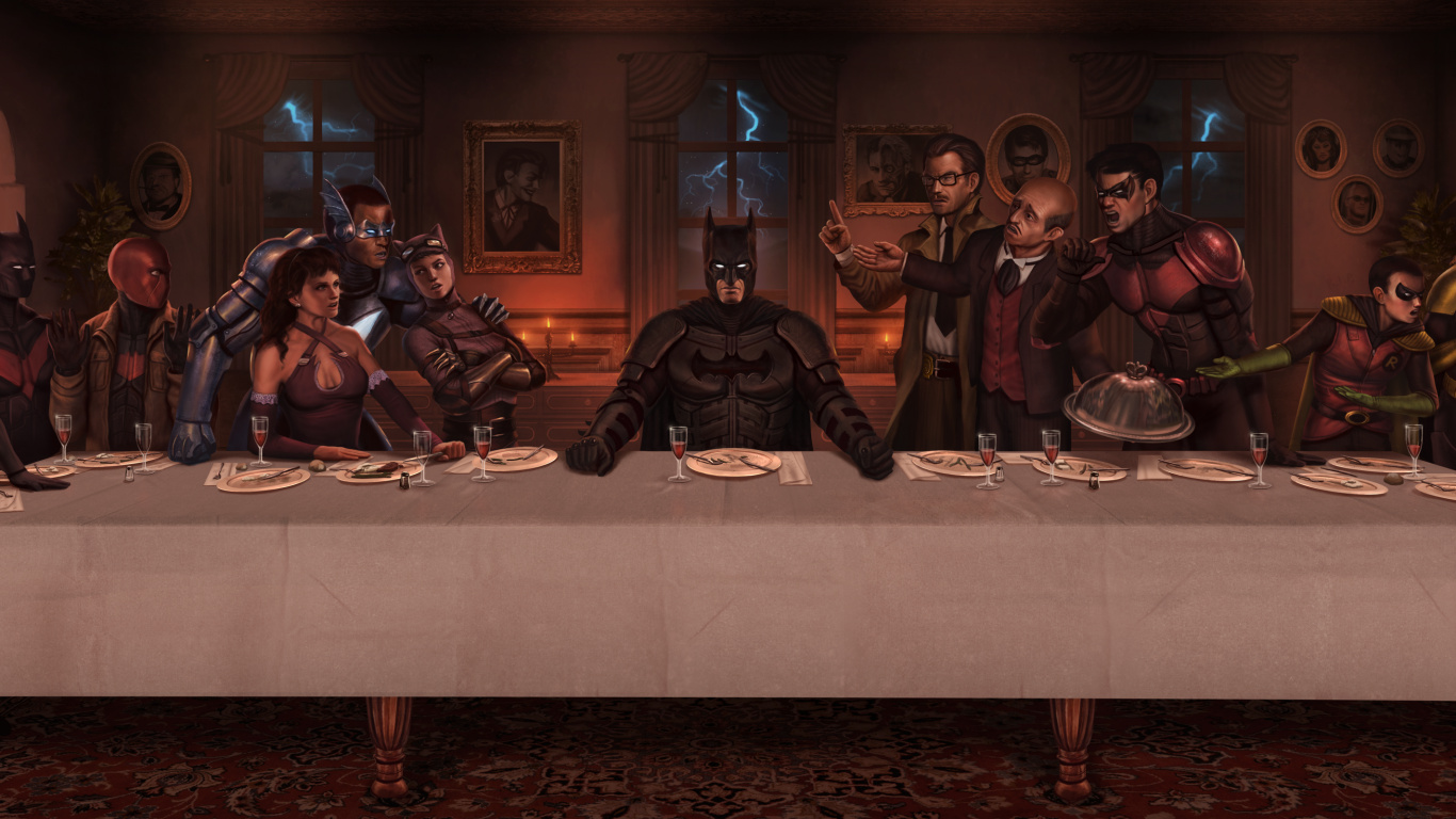 Batman Last Supper, Batman, The Last Supper, Robin, Red Hood. Wallpaper in 1366x768 Resolution