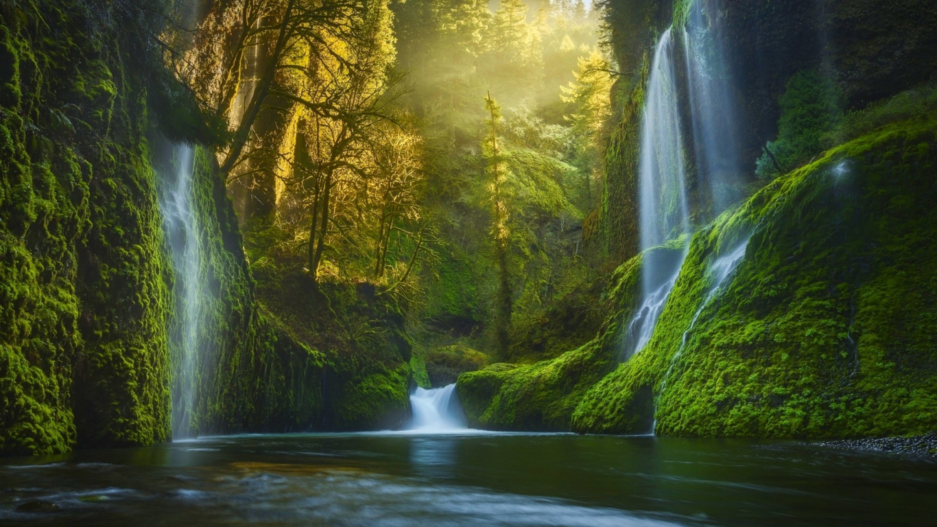 Waterfalls in Forest During Daytime. Wallpaper in 1366x768 Resolution