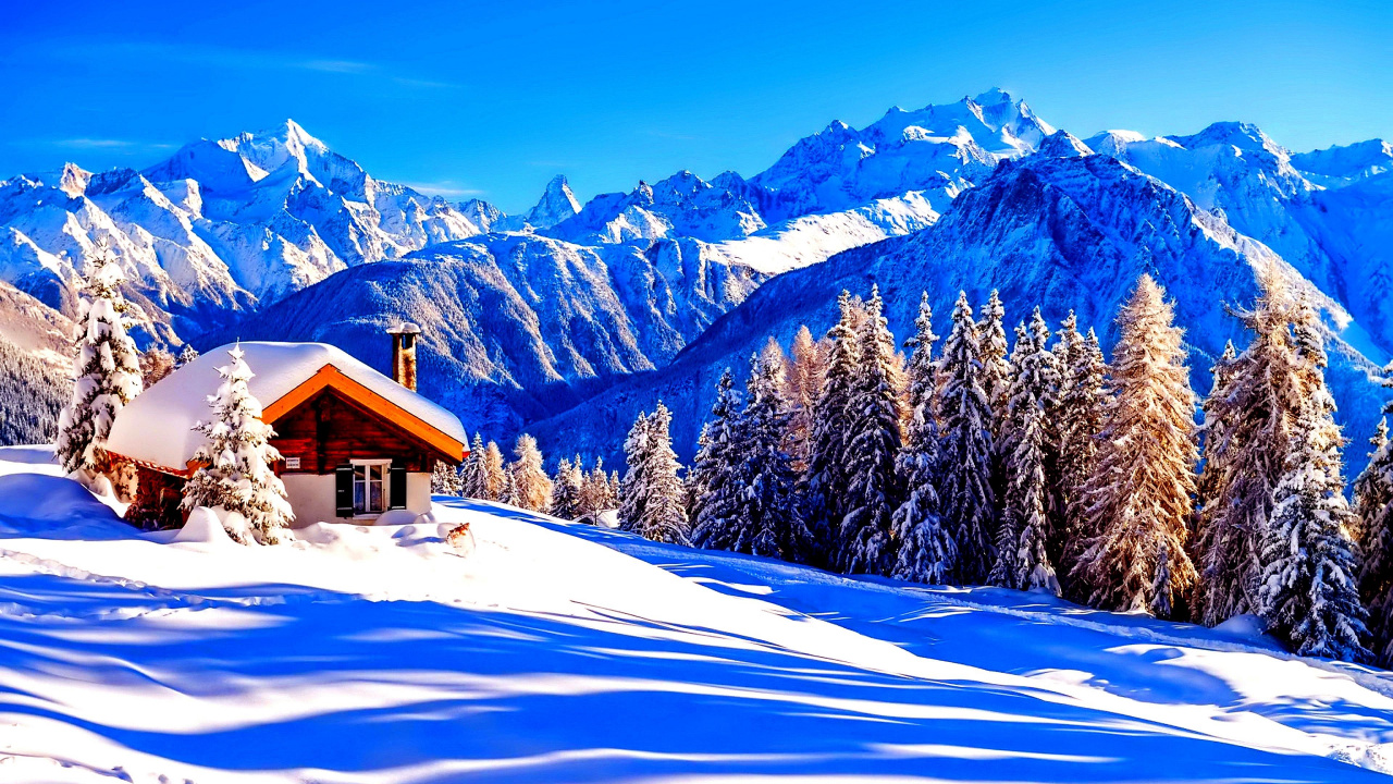 冬天, 多山的地貌, 山脉, 阿尔卑斯山, 山中小屋 壁纸 1280x720 允许