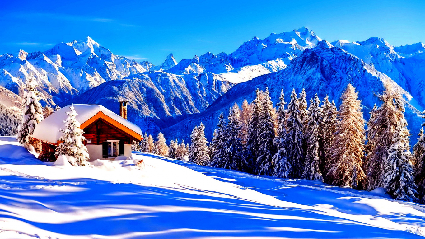 冬天, 多山的地貌, 山脉, 阿尔卑斯山, 山中小屋 壁纸 1366x768 允许
