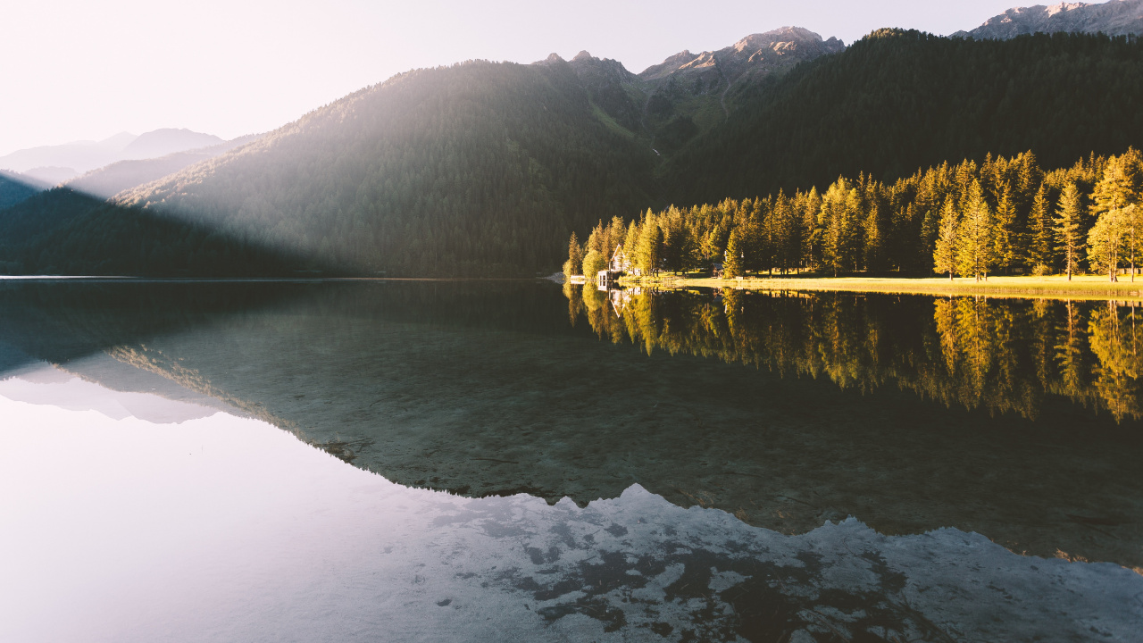 Still Body of Water, Body of Water, Water, Mountain, Plant. Wallpaper in 1280x720 Resolution