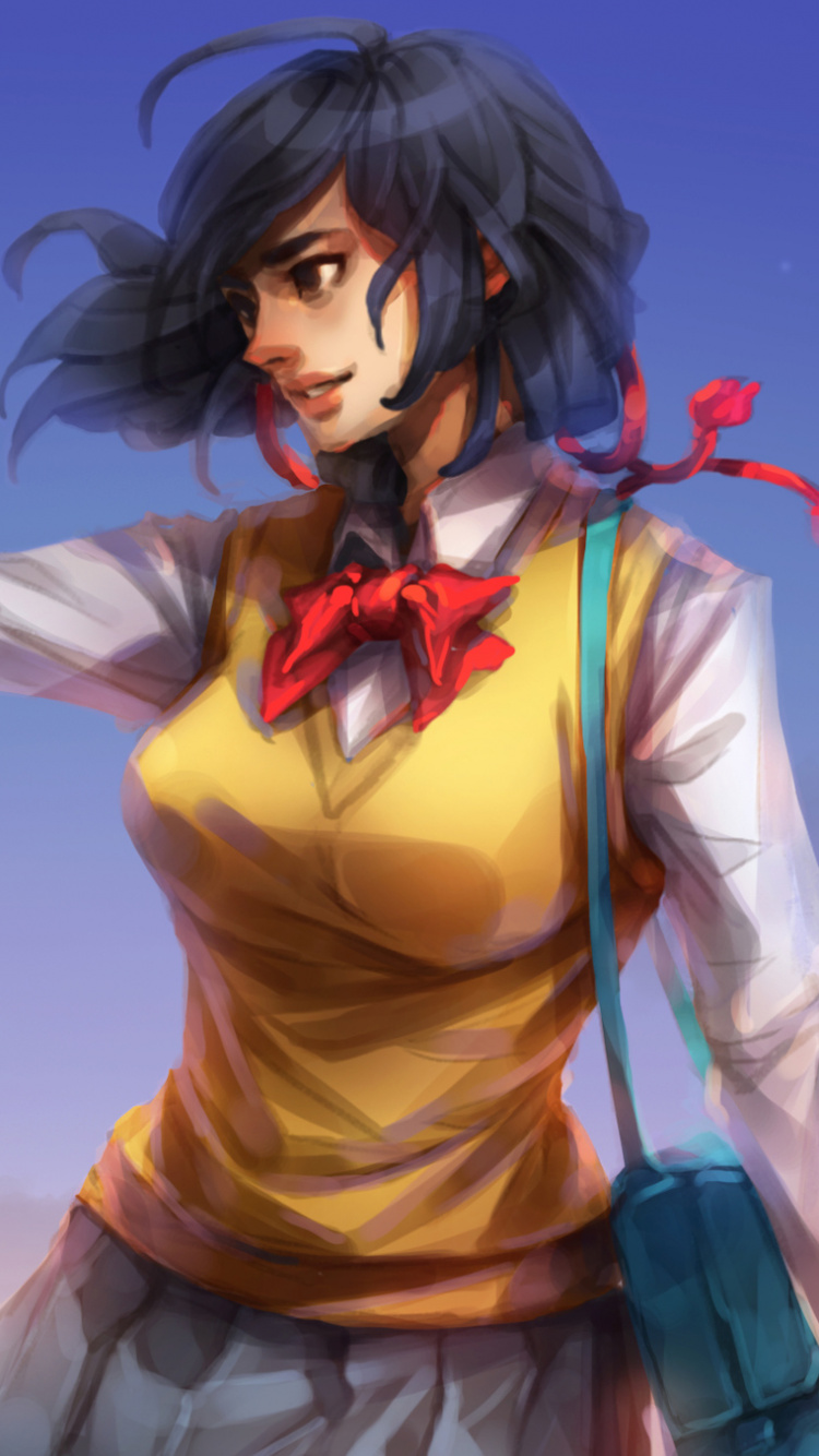 Schwarzhaarige Frau im Braunen Und Weißen Kleid Anime-Charakter. Wallpaper in 750x1334 Resolution