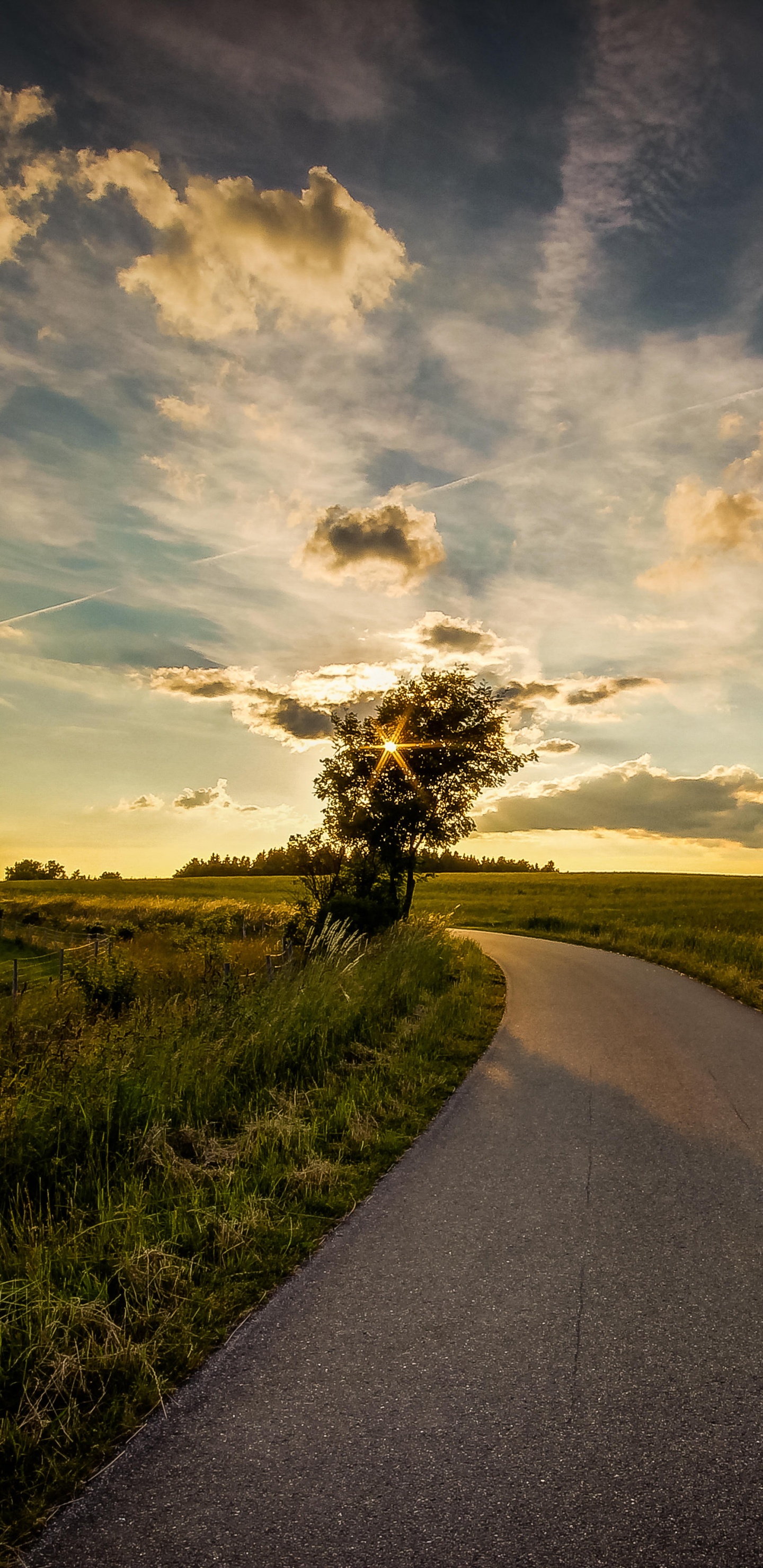 Route Asphaltée Grise Entre Champ D'herbe Verte Sous un Ciel Nuageux Ensoleillé Bleu et Blanc Pendant la Journée. Wallpaper in 1440x2960 Resolution