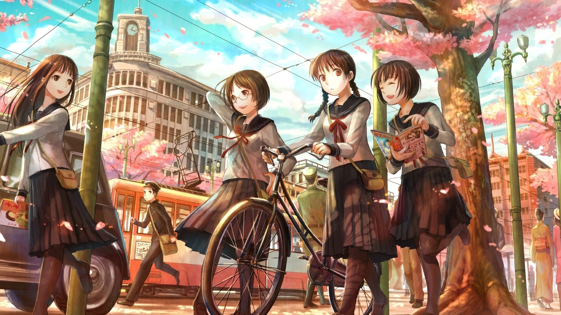 3 Girls in School Uniform Riding on Bicycle. Wallpaper in 1920x1080 Resolution