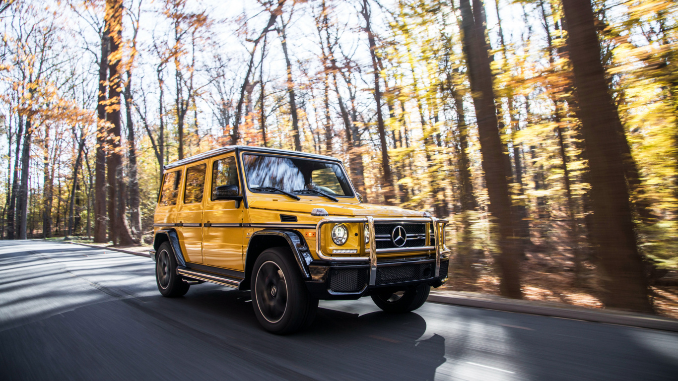 Yellow and Black Car on Road in Between Trees During Daytime. Wallpaper in 1366x768 Resolution