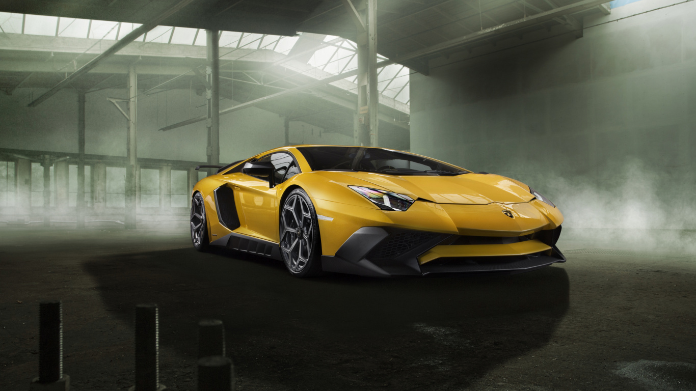 Orange Lamborghini Aventador Parked Inside Building. Wallpaper in 1366x768 Resolution