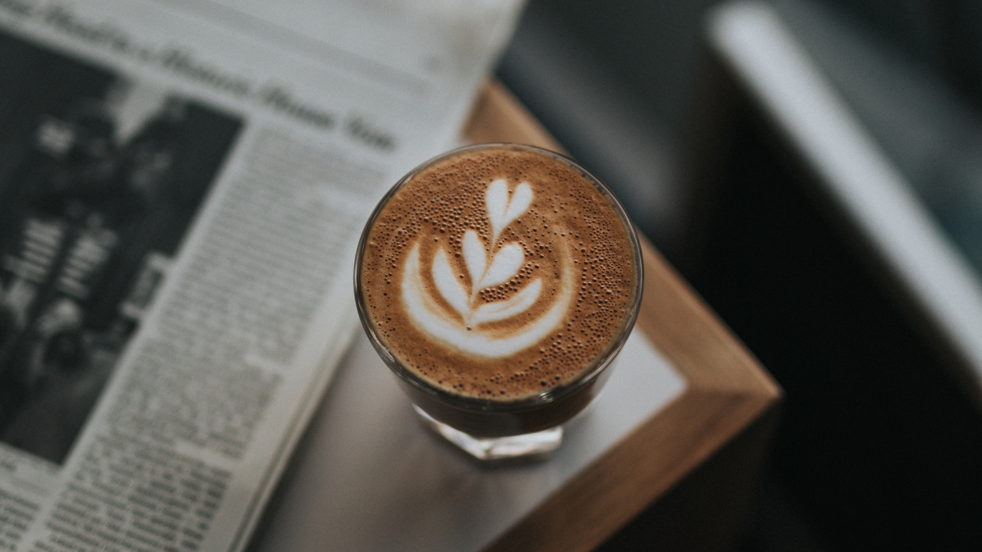 Cappuccino in White Ceramic Mug on Brown Wooden Table. Wallpaper in 1920x1080 Resolution