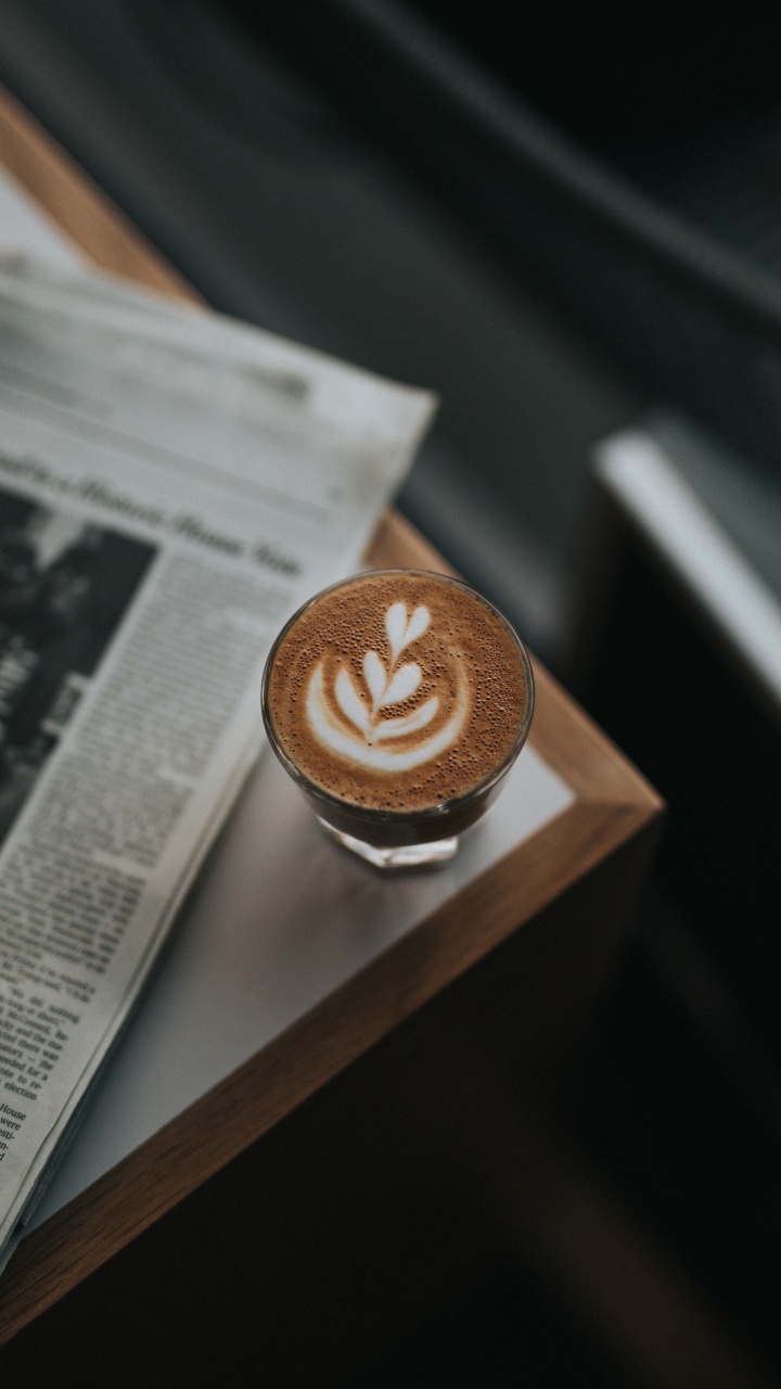 Cappuccino in White Ceramic Mug on Brown Wooden Table. Wallpaper in 720x1280 Resolution