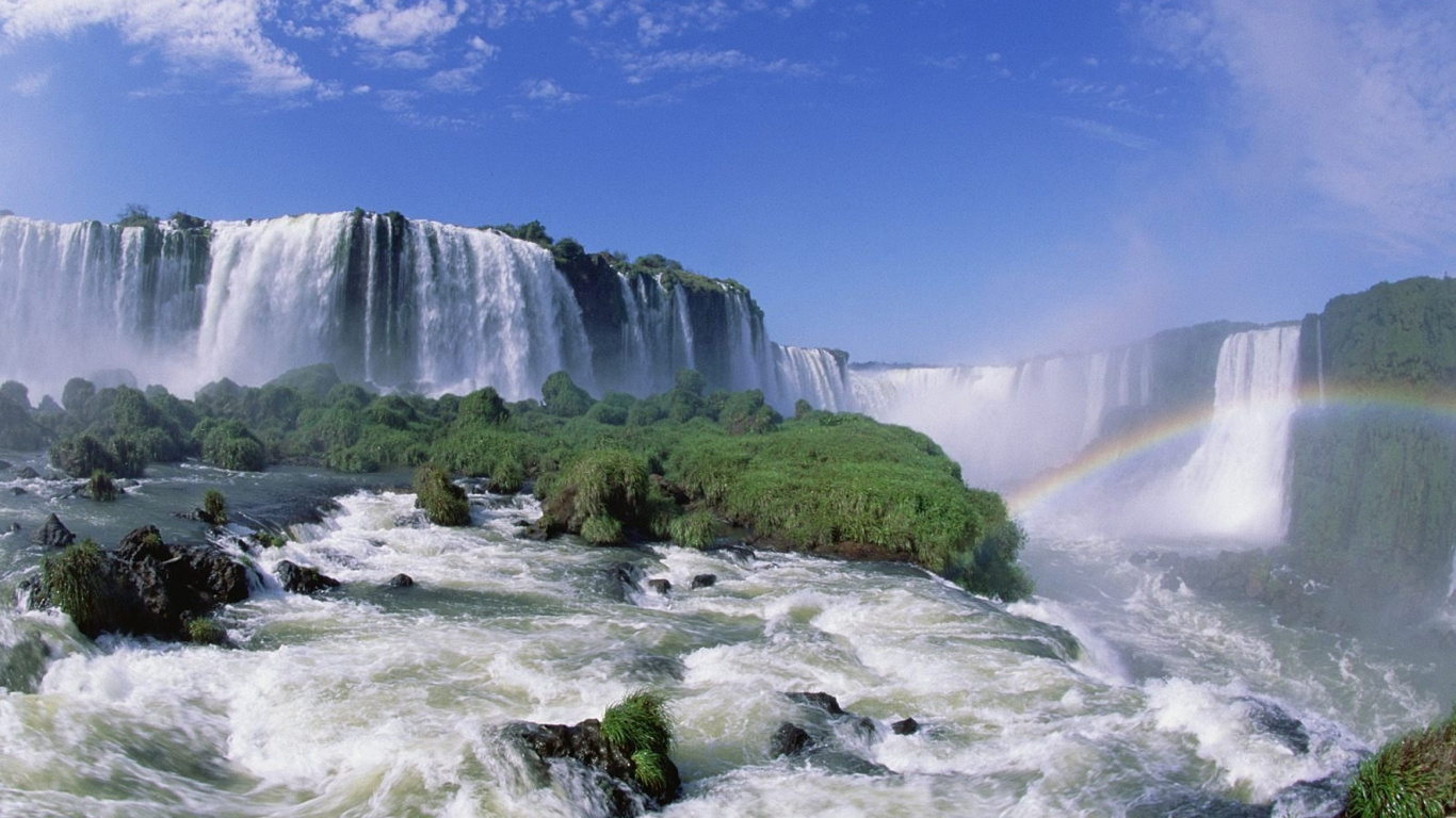 Waterfalls Under Blue Sky During Daytime. Wallpaper in 1366x768 Resolution