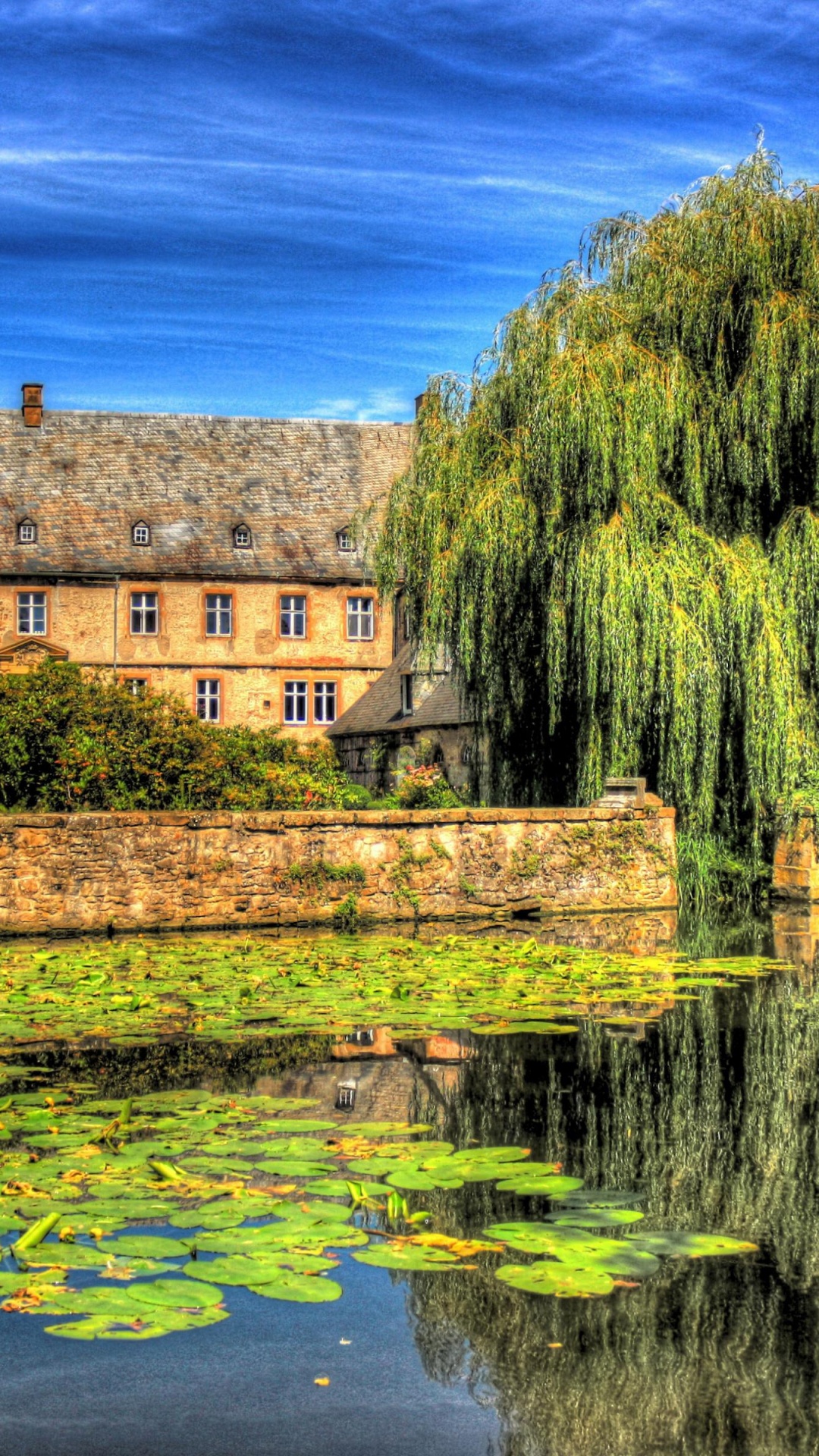 Brown Brick Building Near Green Trees and Body of Water Under Blue Sky During Daytime. Wallpaper in 1080x1920 Resolution