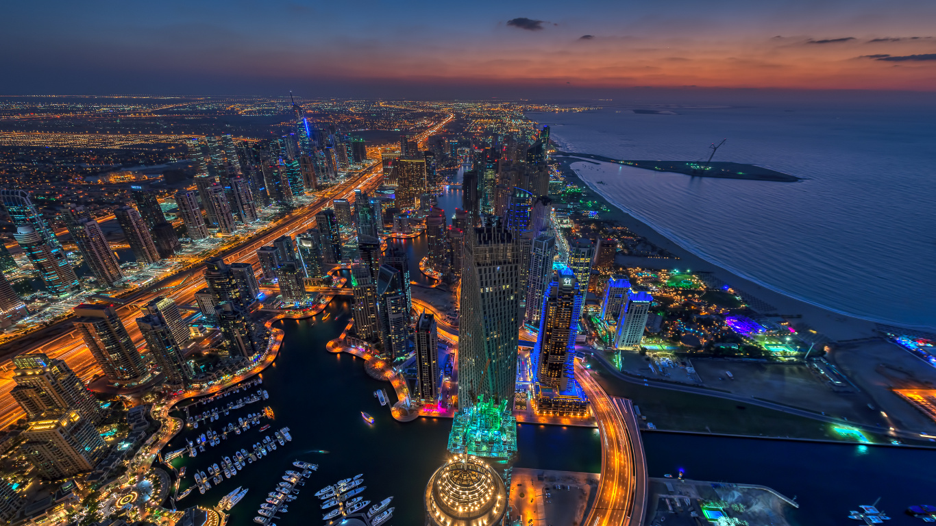 Luftaufnahme Der Stadt Bei Nacht Night. Wallpaper in 1366x768 Resolution