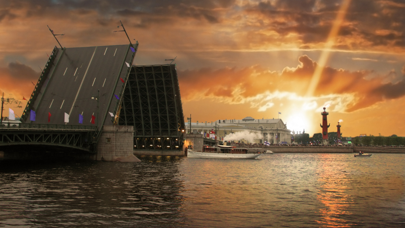 Bâtiment Bleu et Blanc Près D'un Plan D'eau Pendant le Coucher du Soleil. Wallpaper in 1366x768 Resolution