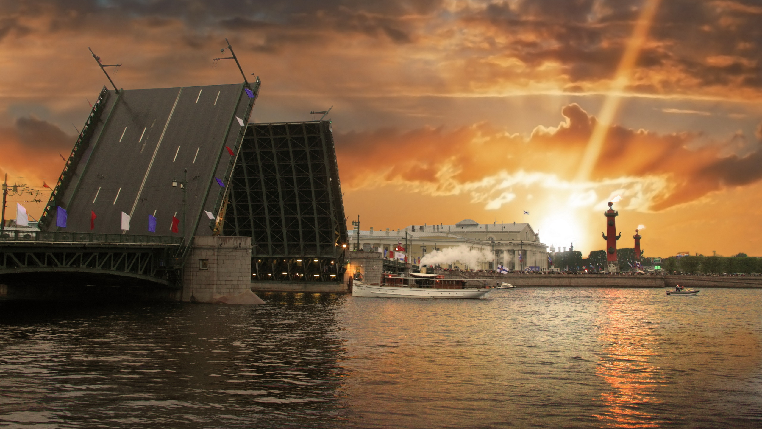 Blue and White Building Near Body of Water During Sunset. Wallpaper in 2560x1440 Resolution