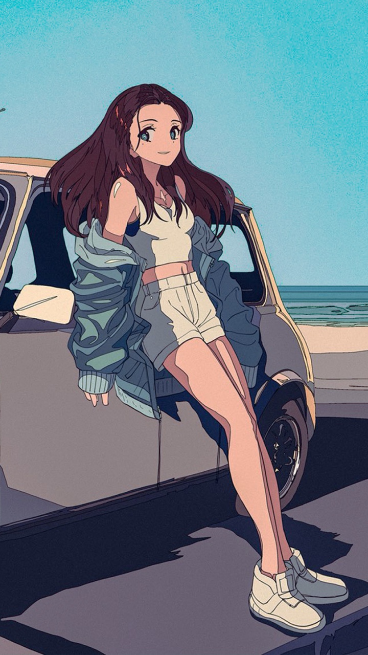 Mujer en Camisa Blanca de Manga Larga y Pantalón Negro Apoyado en Coche Marrón. Wallpaper in 720x1280 Resolution