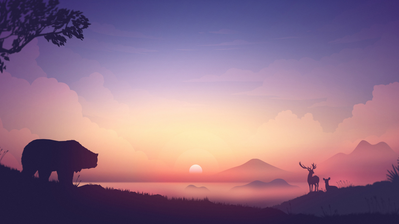 Silhouette de Montagne Pendant le Coucher du Soleil. Wallpaper in 1366x768 Resolution