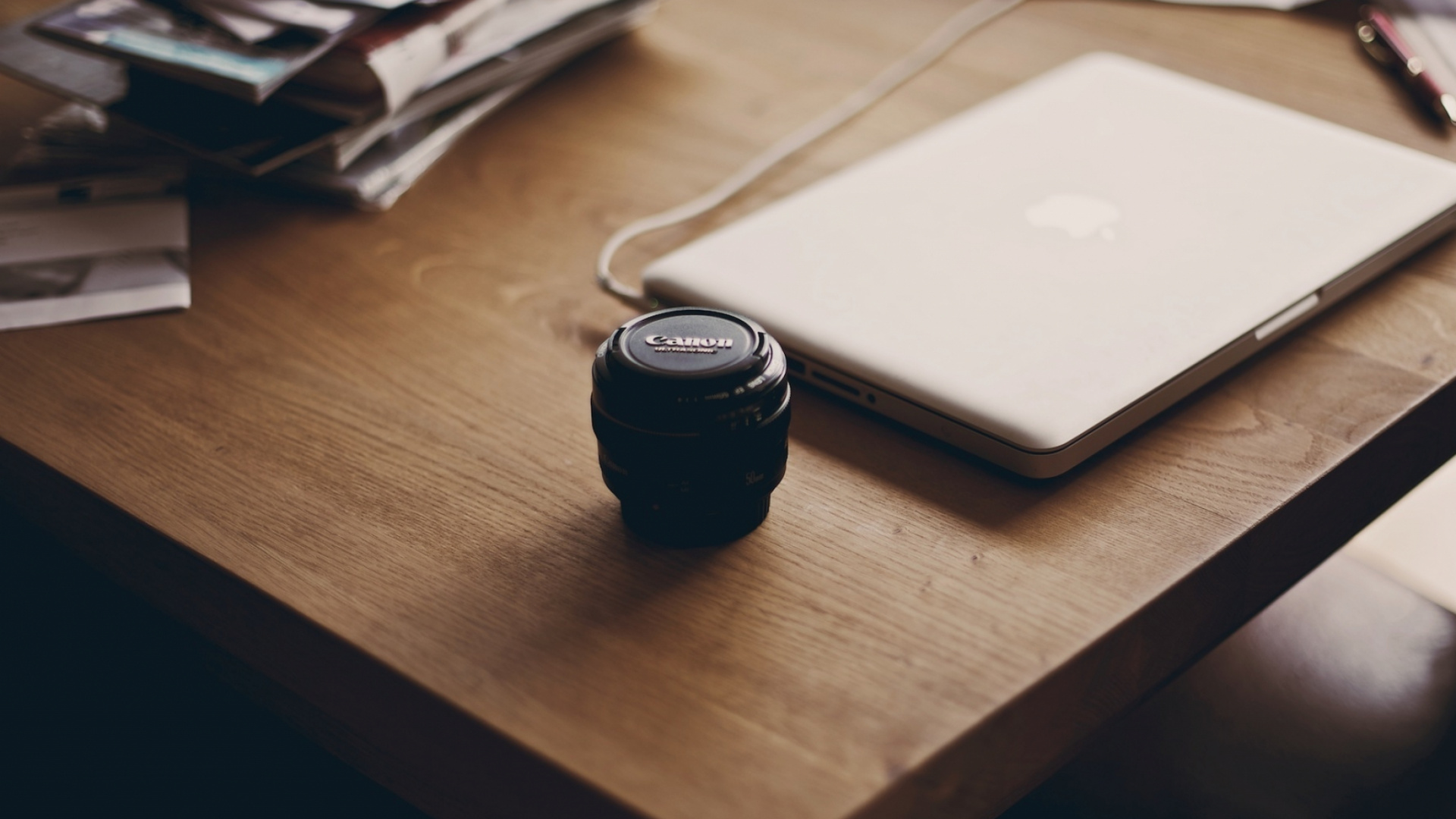 Black Camera Lens on Brown Wooden Table. Wallpaper in 1920x1080 Resolution