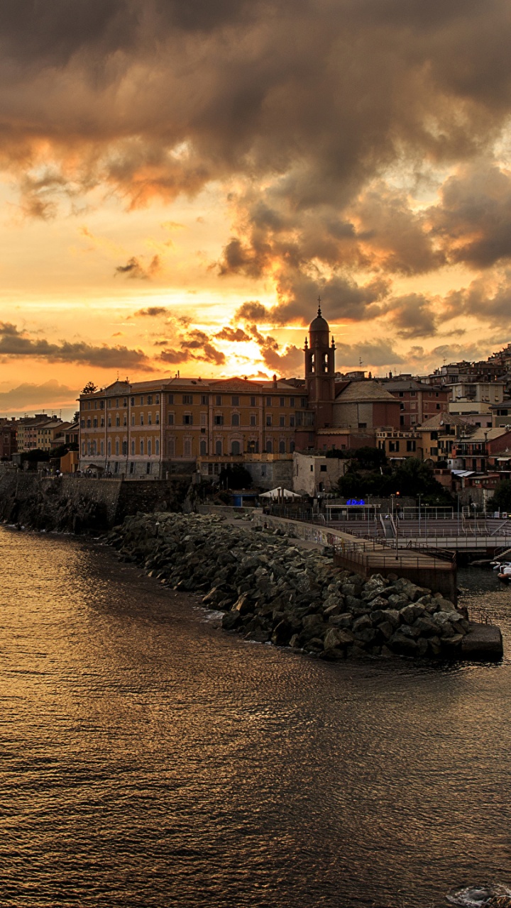 热那亚, 日落, 大海, 城市, 海岸 壁纸 720x1280 允许