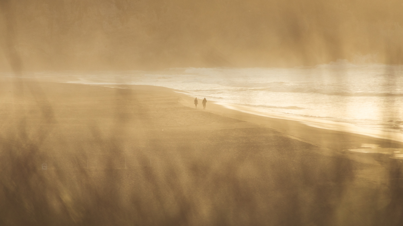 Person Walking on Sand Near Body of Water During Daytime. Wallpaper in 1366x768 Resolution