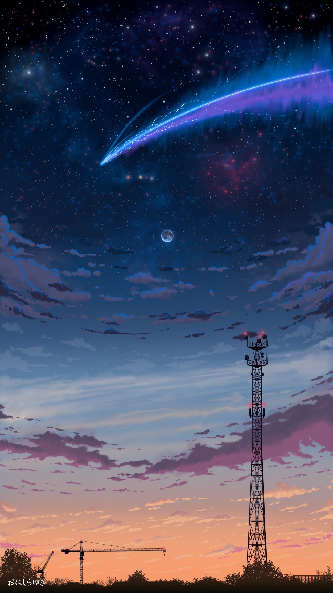Silhouette of Tower Under Blue Sky With White Clouds During Night Time. Wallpaper in 1080x1920 Resolution