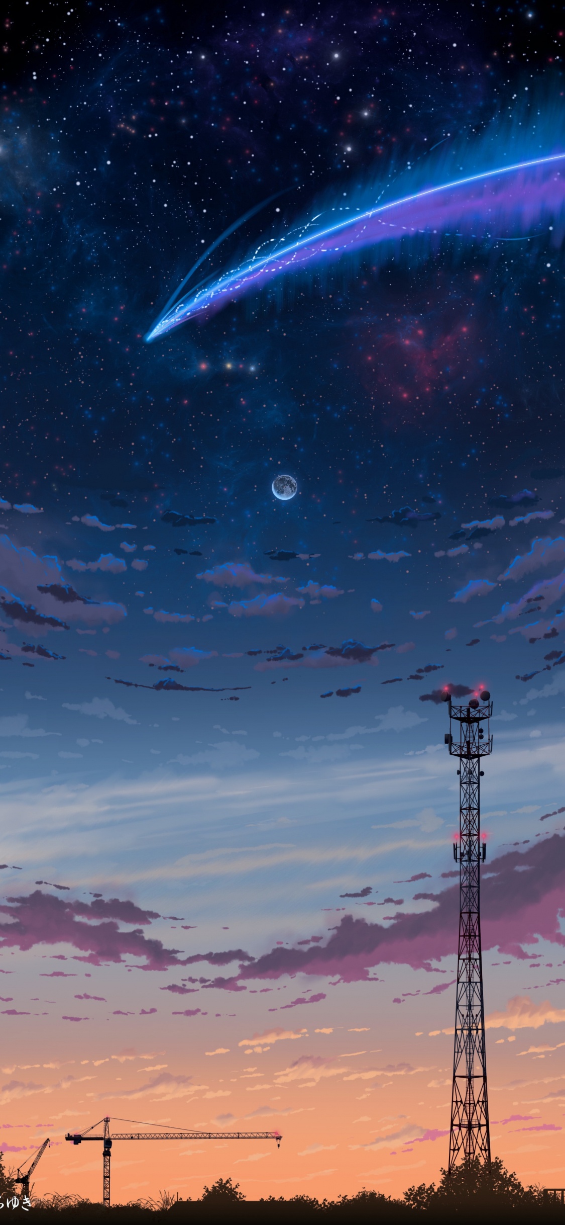 Silhouette of Tower Under Blue Sky With White Clouds During Night Time. Wallpaper in 1125x2436 Resolution