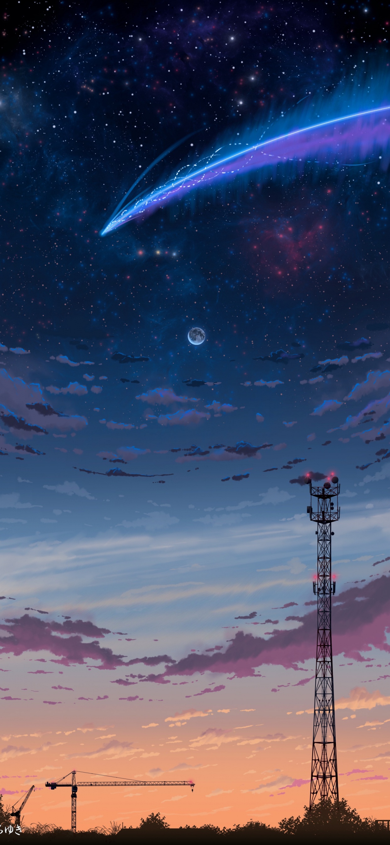 Silhouette of Tower Under Blue Sky With White Clouds During Night Time. Wallpaper in 1242x2688 Resolution