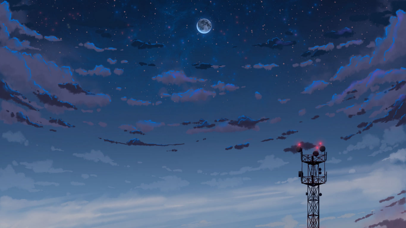 Silhouette of Tower Under Blue Sky With White Clouds During Night Time. Wallpaper in 1366x768 Resolution