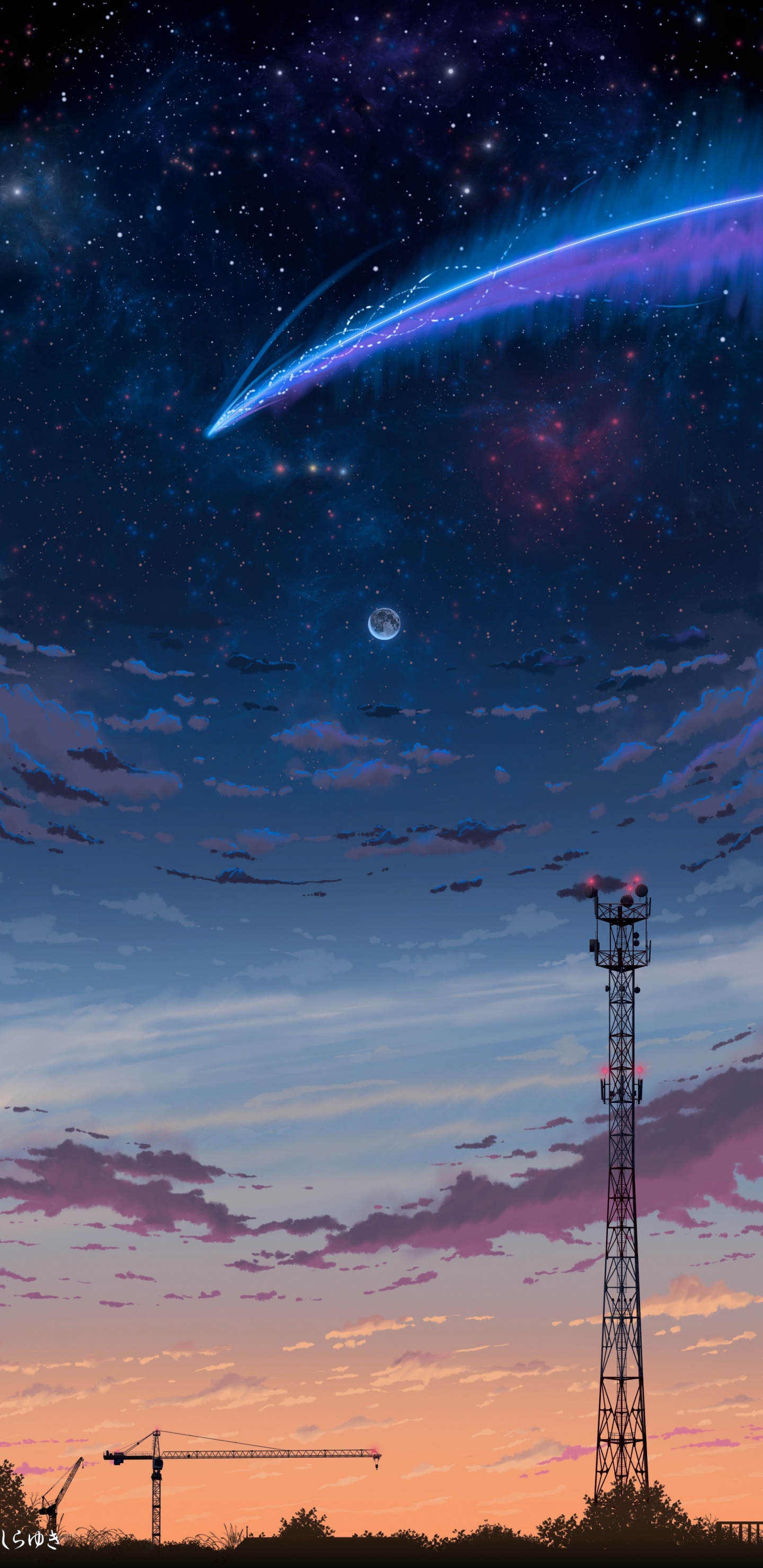 Silhouette Des Turms Unter Blauem Himmel Mit Weißen Wolken Während Der Nacht. Wallpaper in 1440x2960 Resolution