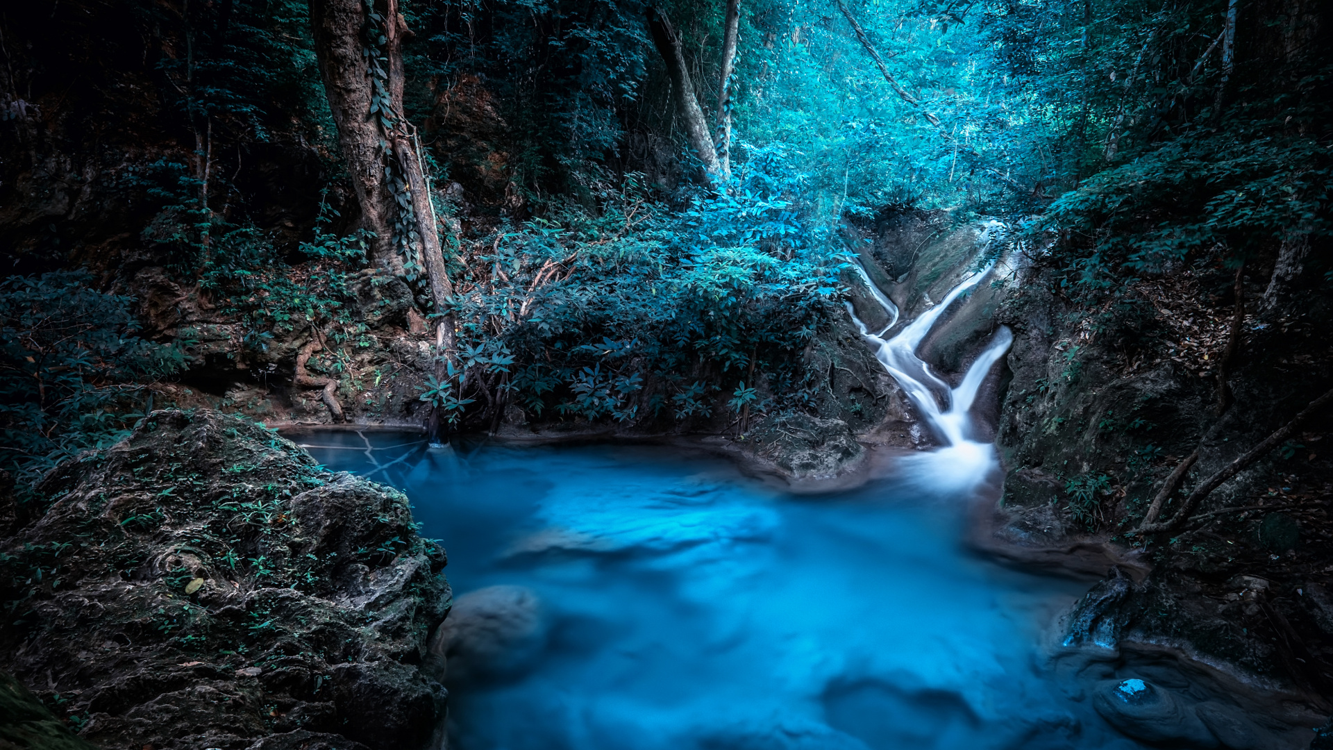 Kanchanaburi, Tropischen Regenwald, Wasserfall, Regenwald, Dschungel. Wallpaper in 1920x1080 Resolution