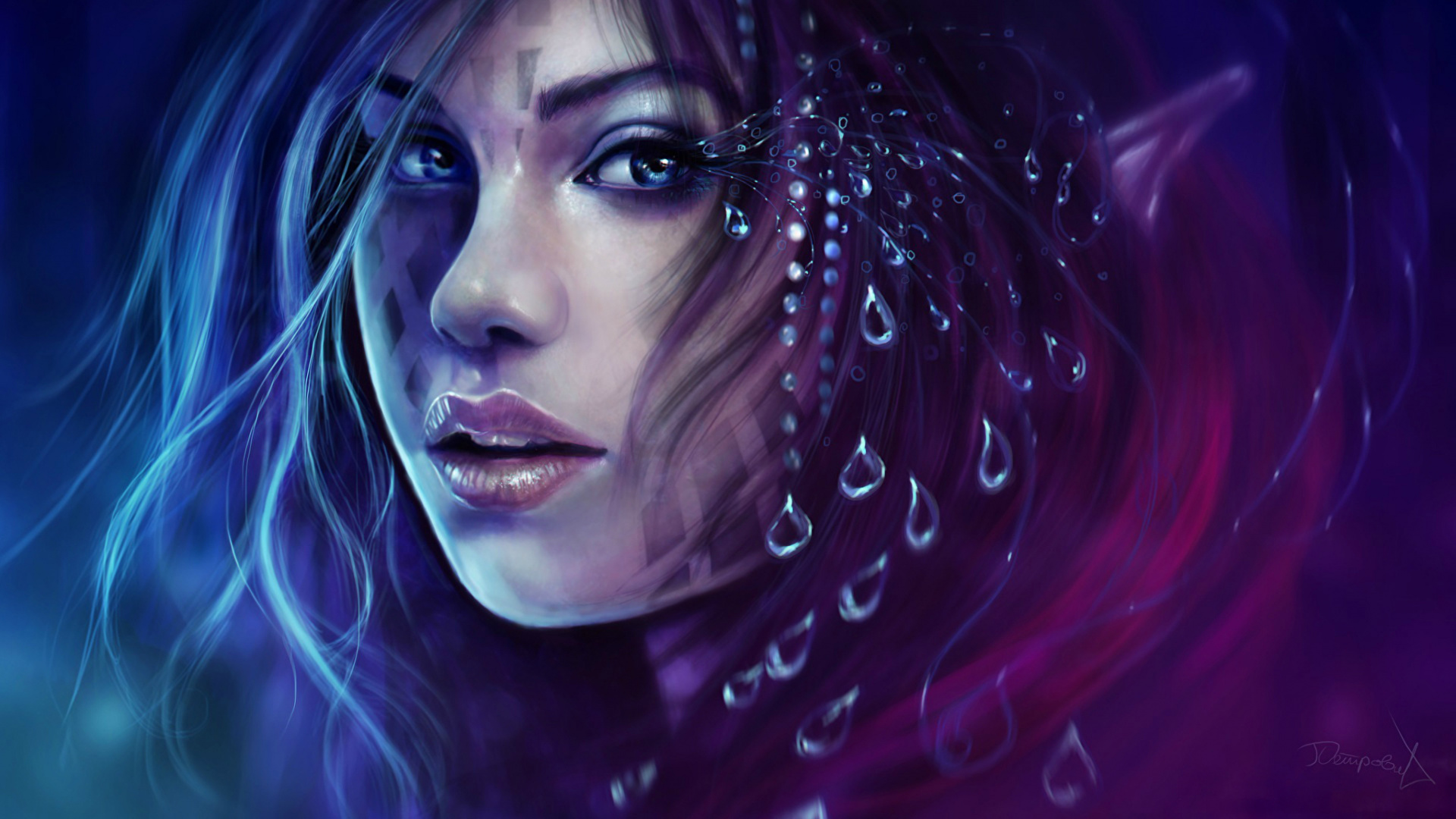 Frau Mit Lila Haaren Und Schwarzem Lidschatten. Wallpaper in 1920x1080 Resolution