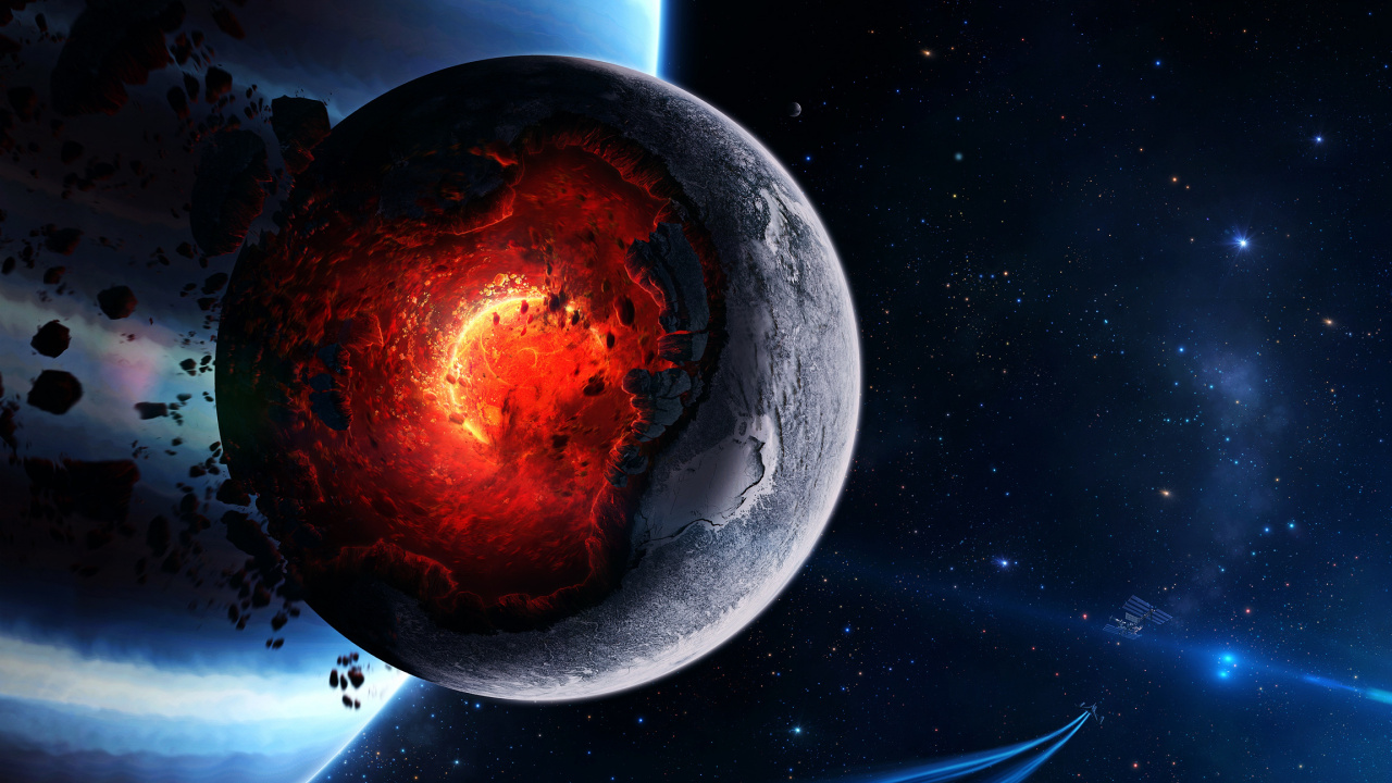 Red and Black Planet With Blue and White Stars. Wallpaper in 1280x720 Resolution