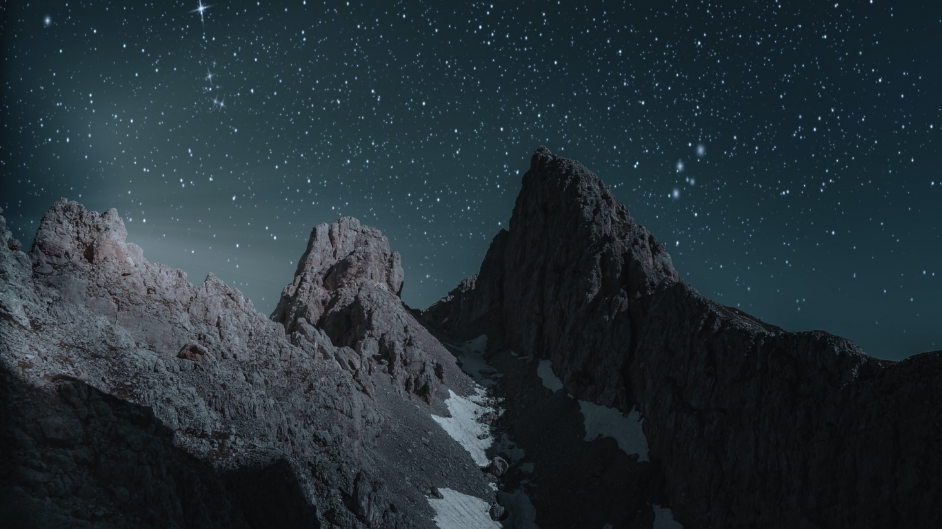Berge Nachtzeit, Nacht, Malerei, Stern, Natur. Wallpaper in 1366x768 Resolution