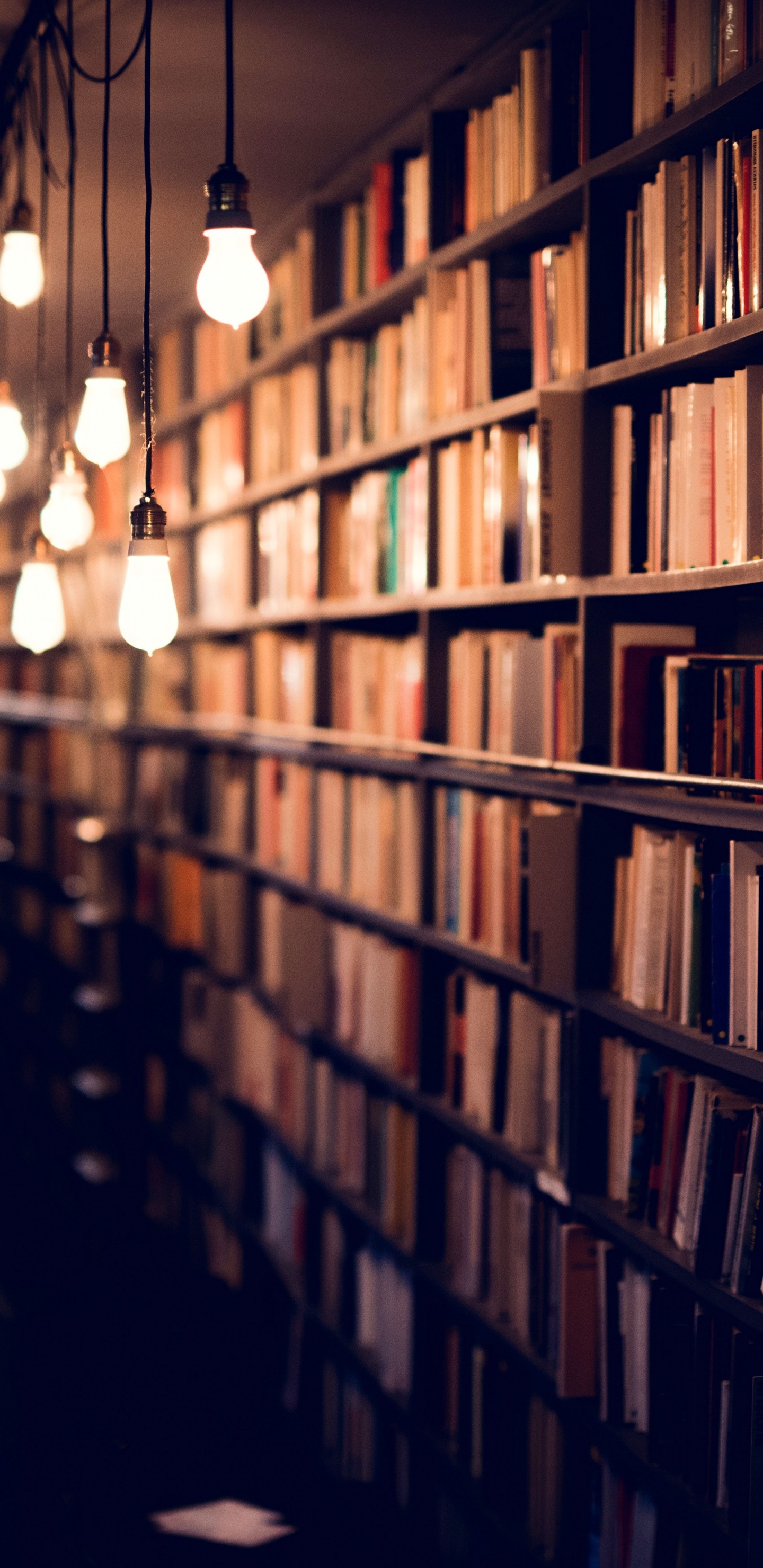 Braune Bücherregale Aus Holz Mit Licht im Zimmer. Wallpaper in 1440x2960 Resolution