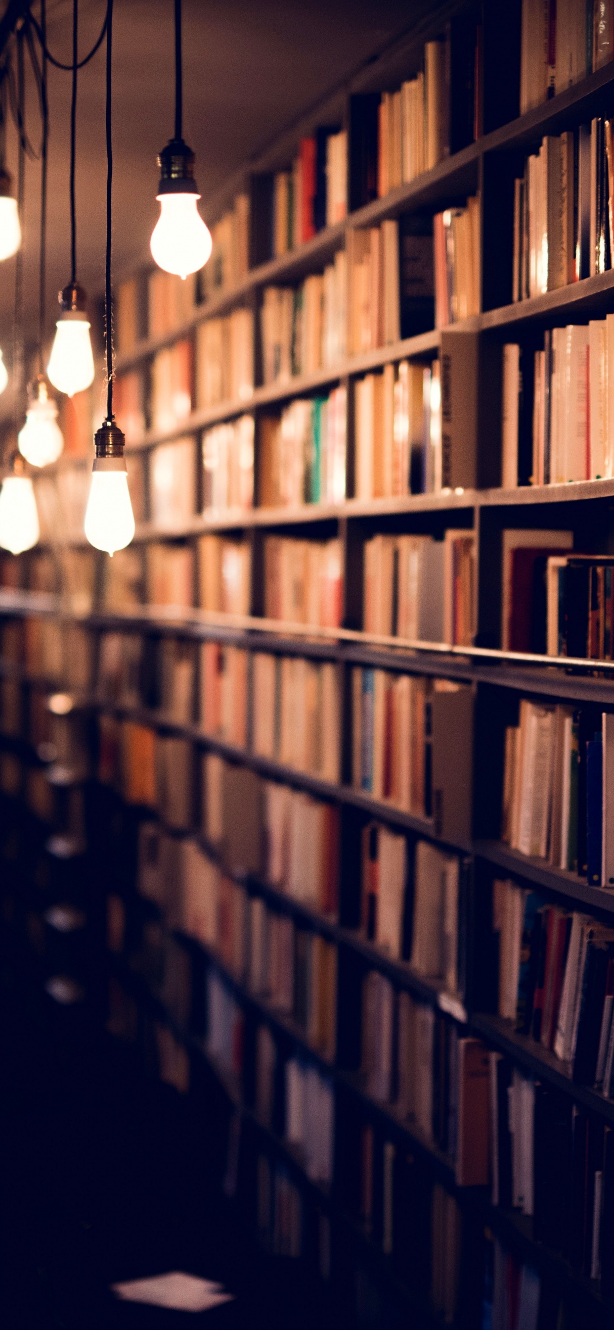 Brown Wooden Book Shelves With Lights Turned on in Room. Wallpaper in 1242x2688 Resolution